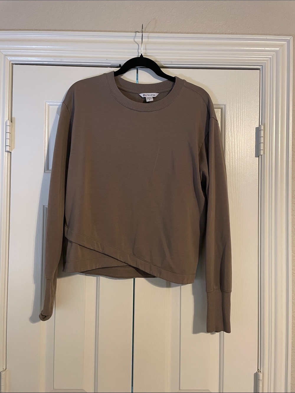 Athleta Taupe Cropped Asymmetric Crew Sweatshirt